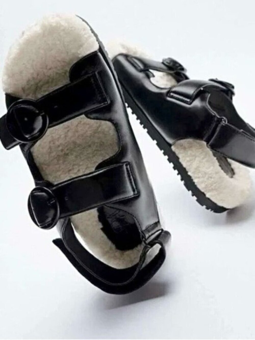 Zara Faux Leather Sherpa Buckle Sandals Chic Cozy Neutral Chunky Black White